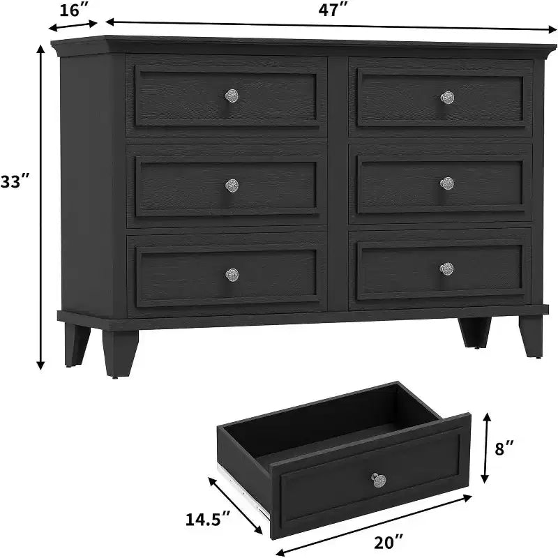 Commode de style fermier à 6 tiroirs, commode double large et meuble TV avec poignées vintage, meuble de rangement en bois pour chambre à coucher, salon