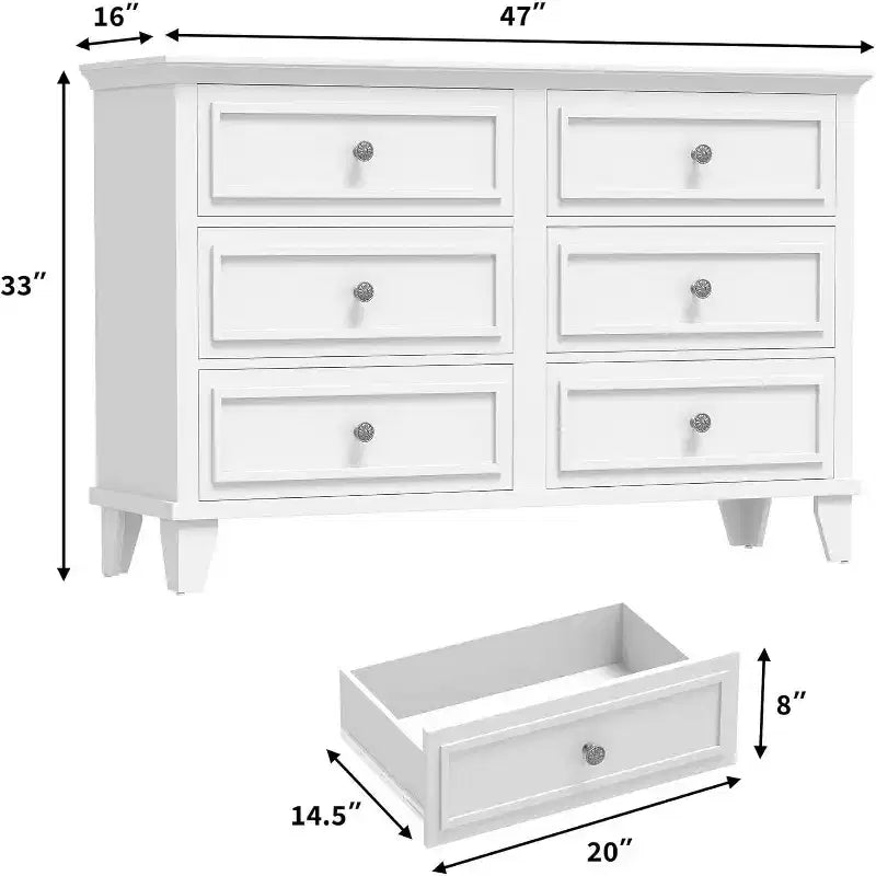 Commode de style fermier à 6 tiroirs, commode double large et meuble TV avec poignées vintage, meuble de rangement en bois pour chambre à coucher, salon