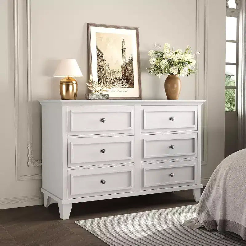 Commode de style fermier à 6 tiroirs, commode double large et meuble TV avec poignées vintage, meuble de rangement en bois pour chambre à coucher, salon