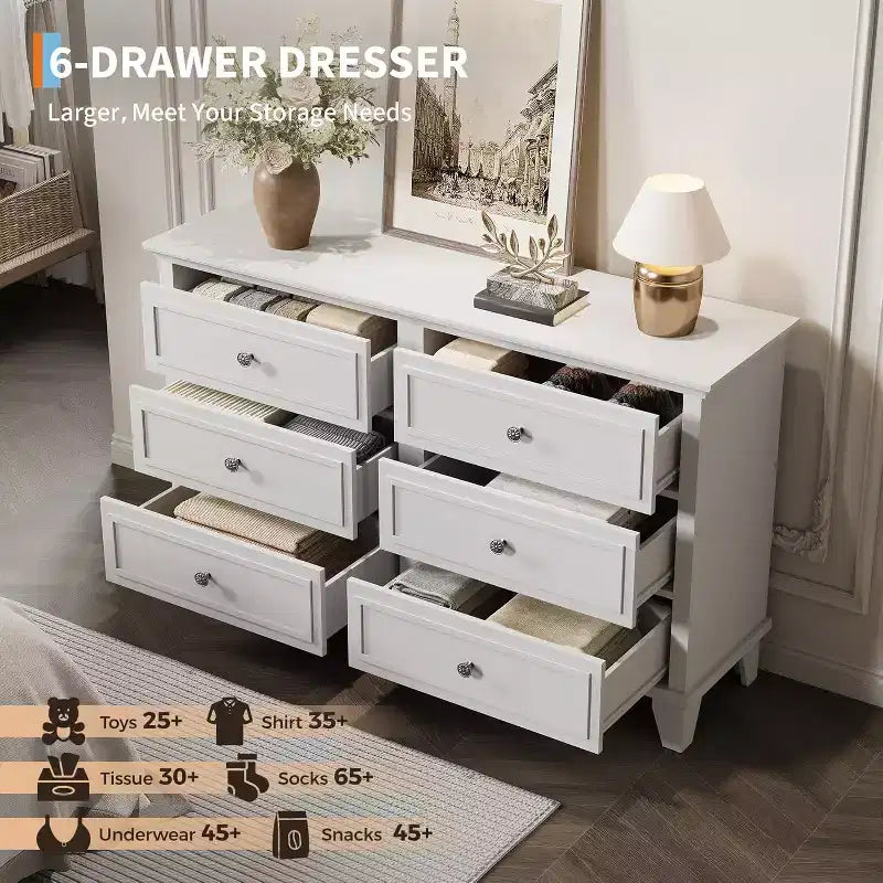 Commode de style fermier à 6 tiroirs, commode double large et meuble TV avec poignées vintage, meuble de rangement en bois pour chambre à coucher, salon