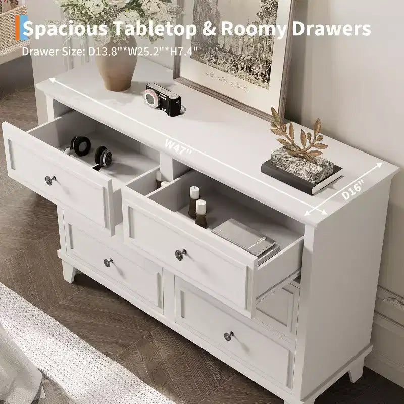 Commode de style fermier à 6 tiroirs, commode double large et meuble TV avec poignées vintage, meuble de rangement en bois pour chambre à coucher, salon