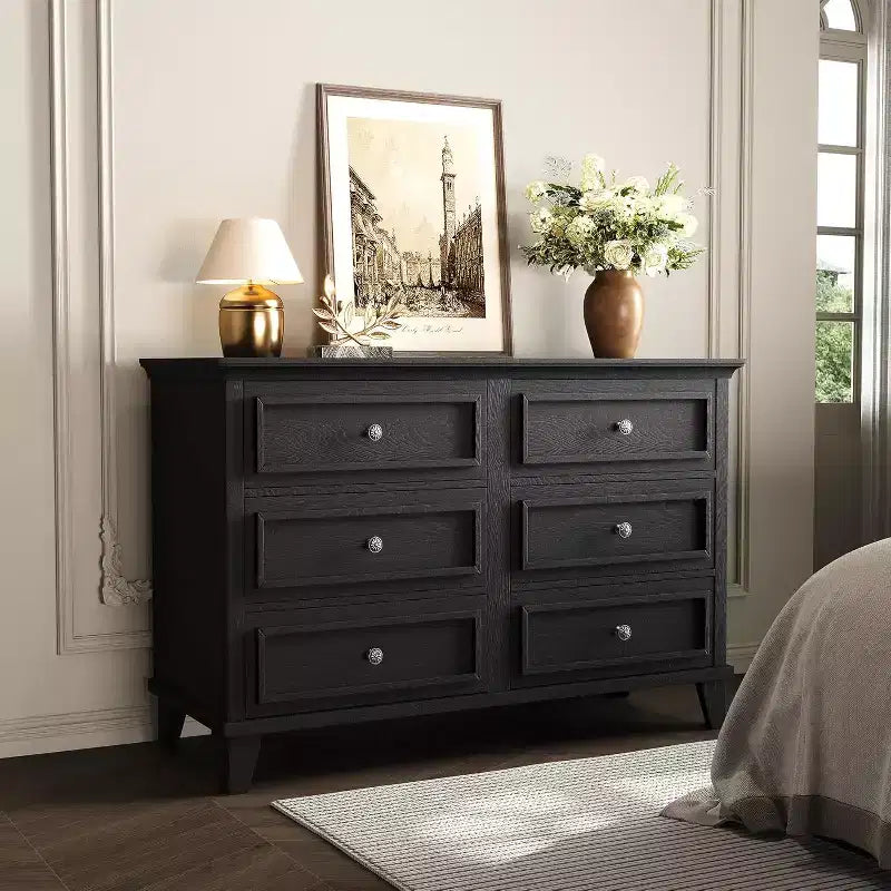 Commode de style fermier à 6 tiroirs, commode double large et meuble TV avec poignées vintage, meuble de rangement en bois pour chambre à coucher, salon