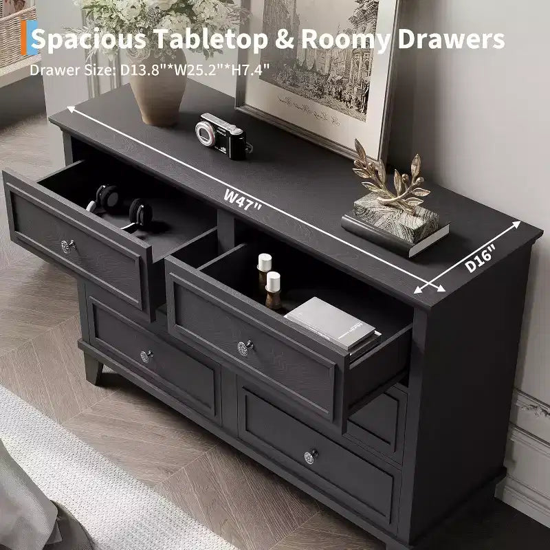 Commode de style fermier à 6 tiroirs, commode double large et meuble TV avec poignées vintage, meuble de rangement en bois pour chambre à coucher, salon