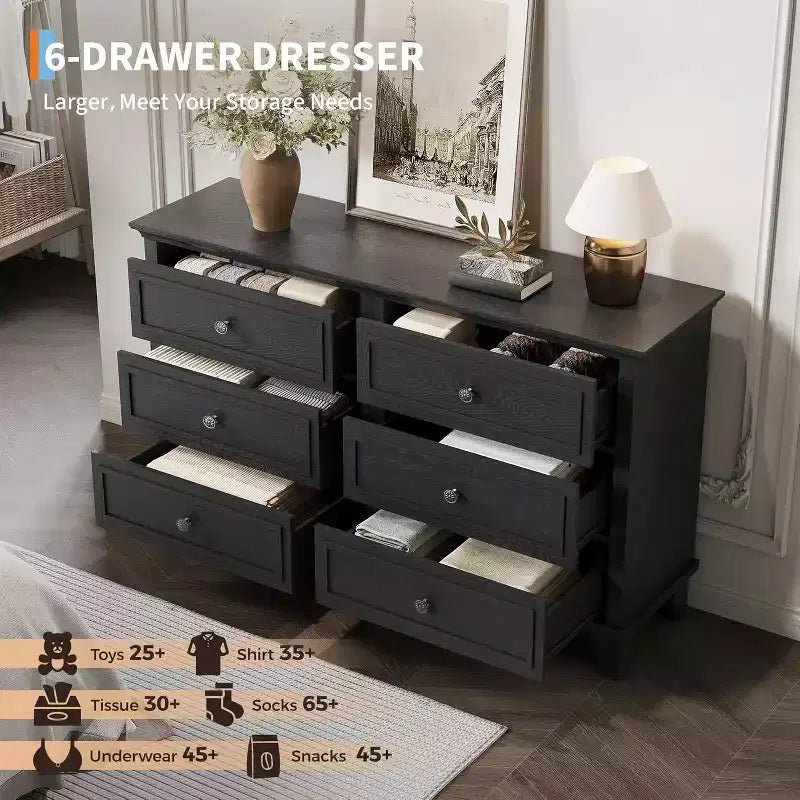 Commode de style fermier à 6 tiroirs, commode double large et meuble TV avec poignées vintage, meuble de rangement en bois pour chambre à coucher, salon