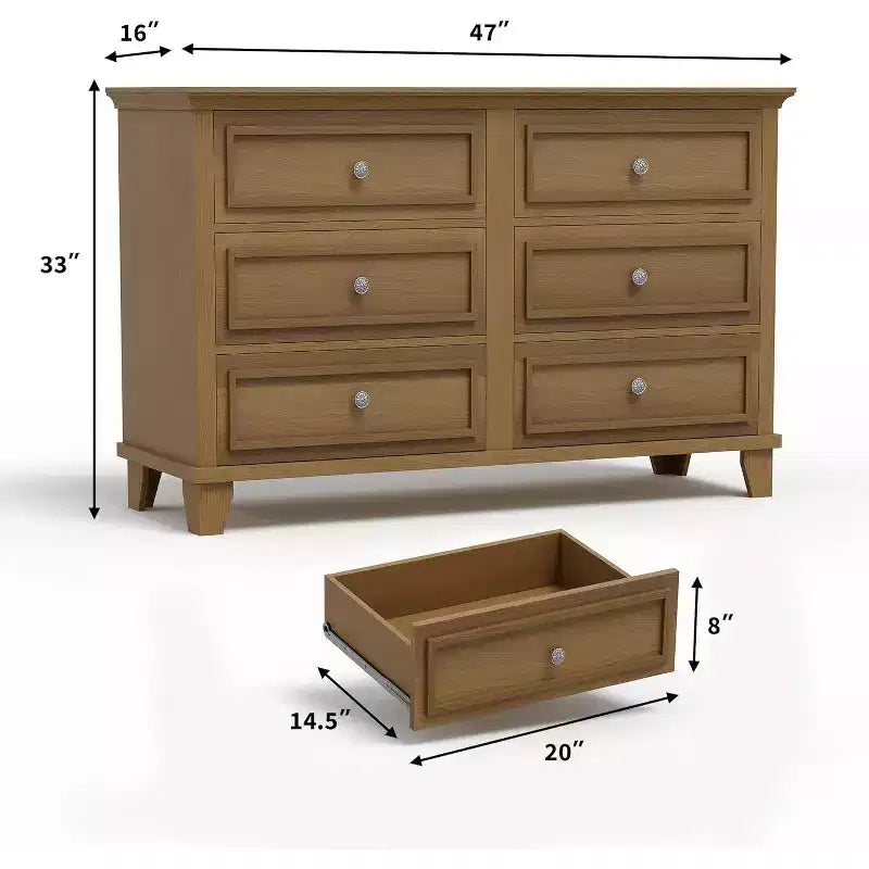 Commode de style fermier à 6 tiroirs, commode double large et meuble TV avec poignées vintage, meuble de rangement en bois pour chambre à coucher, salon