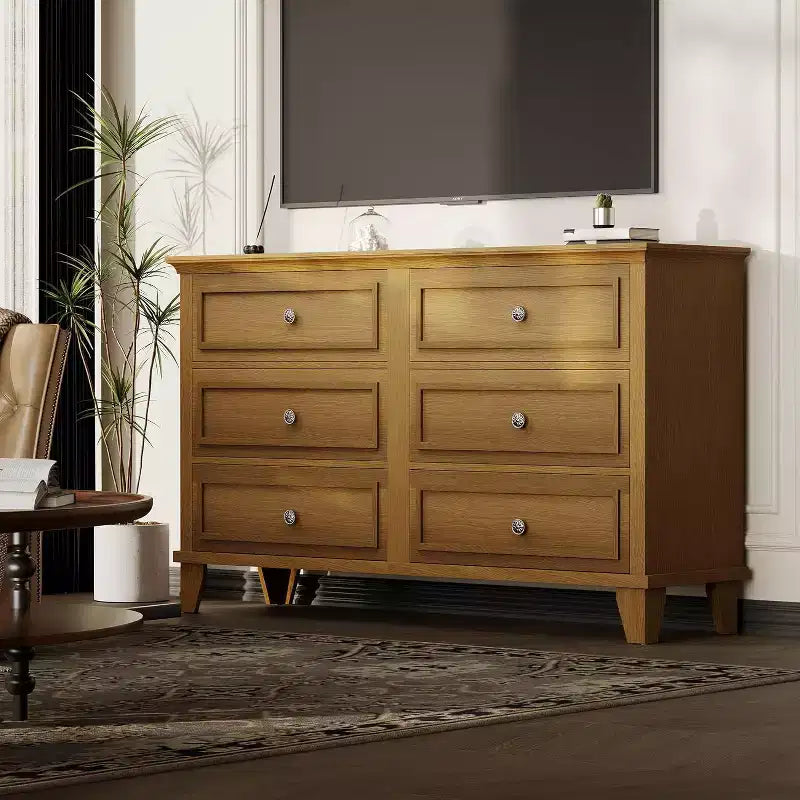 Commode de style fermier à 6 tiroirs, commode double large et meuble TV avec poignées vintage, meuble de rangement en bois pour chambre à coucher, salon