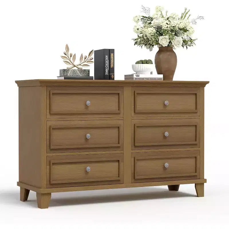 Commode de style fermier à 6 tiroirs, commode double large et meuble TV avec poignées vintage, meuble de rangement en bois pour chambre à coucher, salon