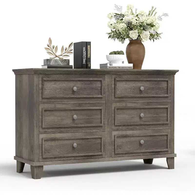 Commode de style fermier à 6 tiroirs, commode double large et meuble TV avec poignées vintage, meuble de rangement en bois pour chambre à coucher, salon