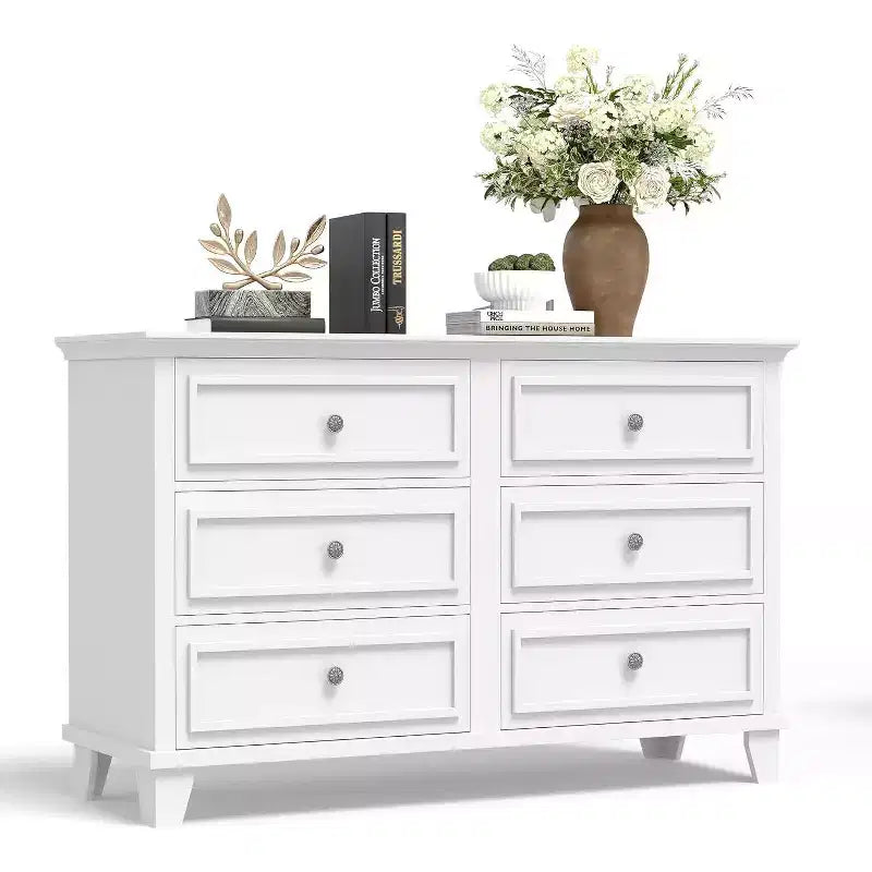 Commode de style fermier à 6 tiroirs, commode double large et meuble TV avec poignées vintage, meuble de rangement en bois pour chambre à coucher, salon