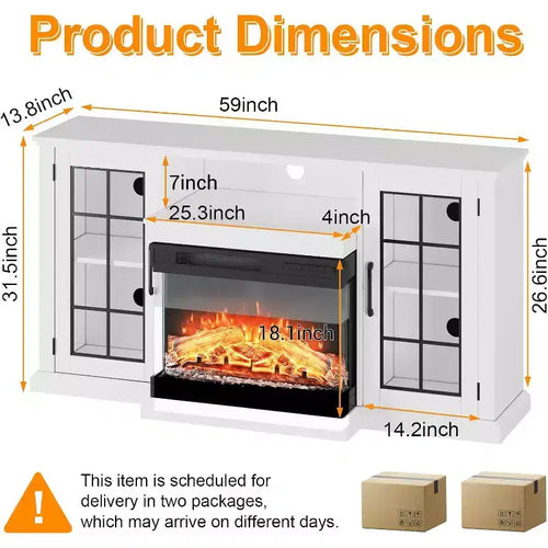 Meuble TV rustique de 59 pouces pour téléviseurs de 65 pouces, meuble de rangement à porte vitrée sur 3 côtés avec panneaux de visualisation, console multimédia finition blanc vieilli pour salon