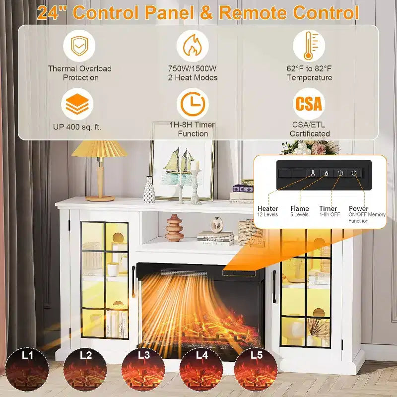 Meuble TV rustique de 59 pouces pour téléviseurs de 65 pouces, meuble de rangement à porte vitrée sur 3 côtés avec panneaux de visualisation, console multimédia finition blanc vieilli pour salon
