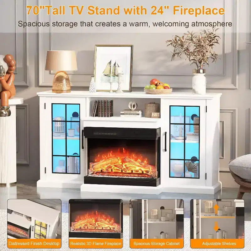 Meuble TV rustique de 59 pouces pour téléviseurs de 65 pouces, meuble de rangement à porte vitrée sur 3 côtés avec panneaux de visualisation, console multimédia finition blanc vieilli pour salon