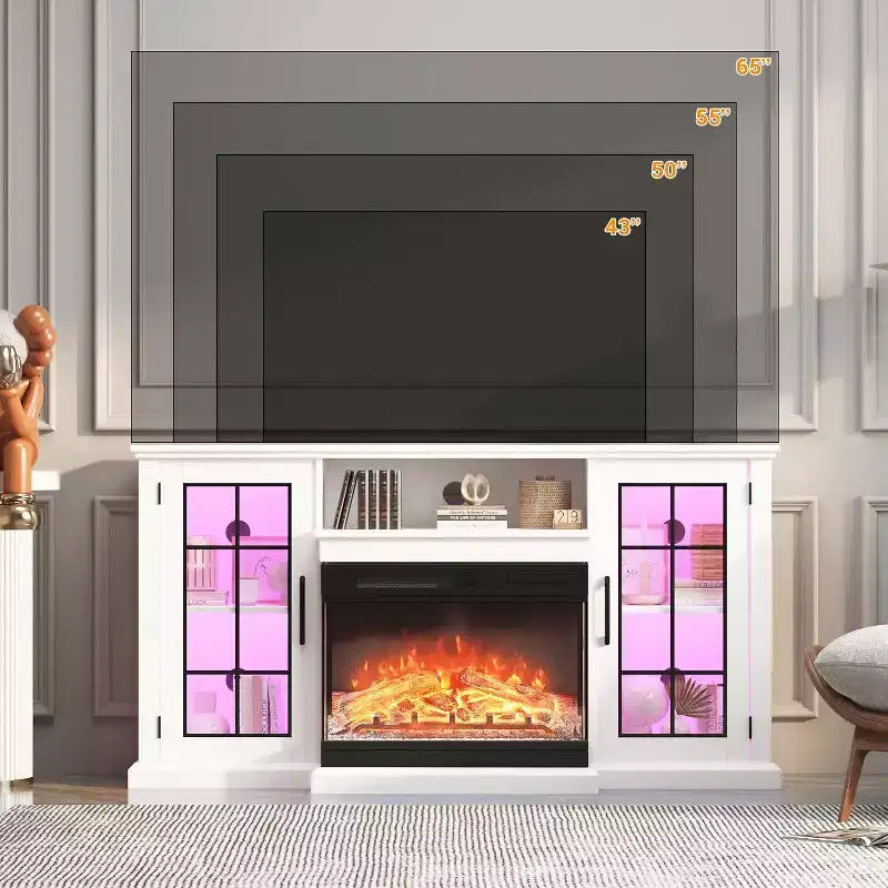 Meuble TV rustique de 59 pouces pour téléviseurs de 65 pouces, meuble de rangement à porte vitrée sur 3 côtés avec panneaux de visualisation, console multimédia finition blanc vieilli pour salon