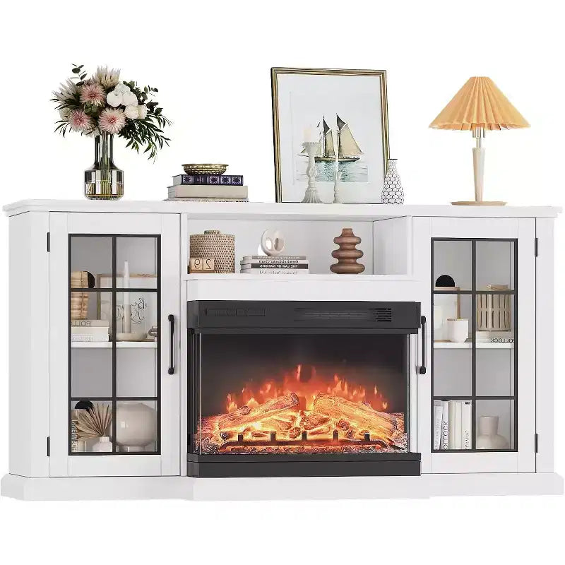 Meuble TV rustique de 59 pouces pour téléviseurs de 65 pouces, meuble de rangement à porte vitrée sur 3 côtés avec panneaux de visualisation, console multimédia finition blanc vieilli pour salon