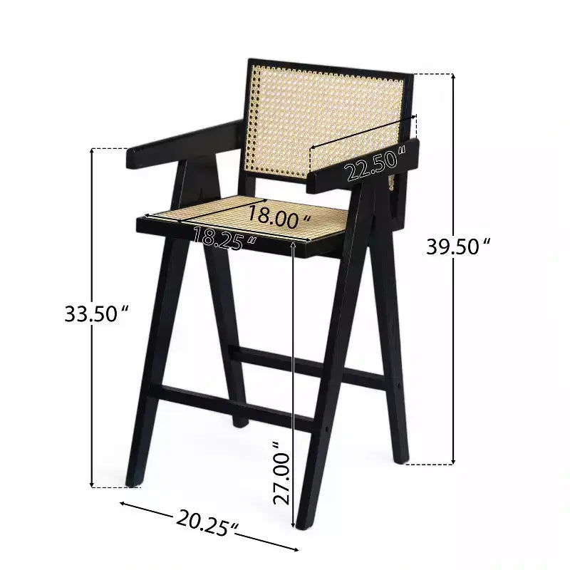 Lot de 2 tabourets de bar en bois massif à hauteur de comptoir pour salles à manger, fauteuils avec dossier en rotin pour îlot de cuisine, finition naturelle