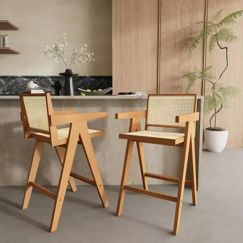 Lot de 2 tabourets de bar en bois massif à hauteur de comptoir pour salles à manger, fauteuils avec dossier en rotin pour îlot de cuisine, finition naturelle