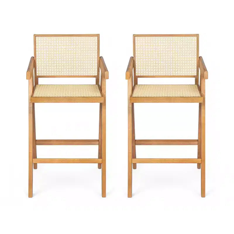 Lot de 2 tabourets de bar en bois massif à hauteur de comptoir pour salles à manger, fauteuils avec dossier en rotin pour îlot de cuisine, finition naturelle