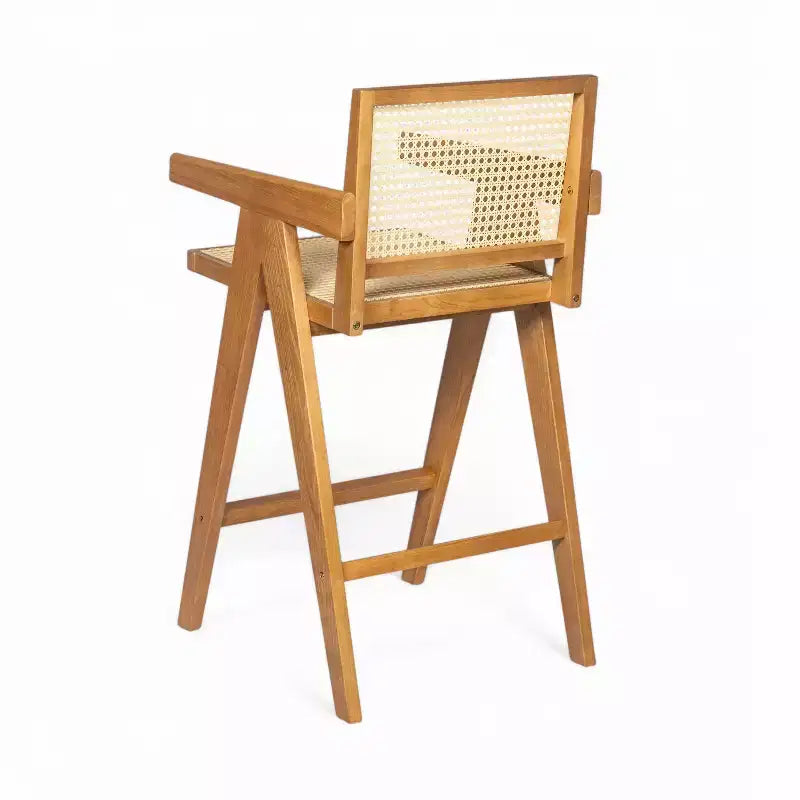 Lot de 2 tabourets de bar en bois massif à hauteur de comptoir pour salles à manger, fauteuils avec dossier en rotin pour îlot de cuisine, finition naturelle