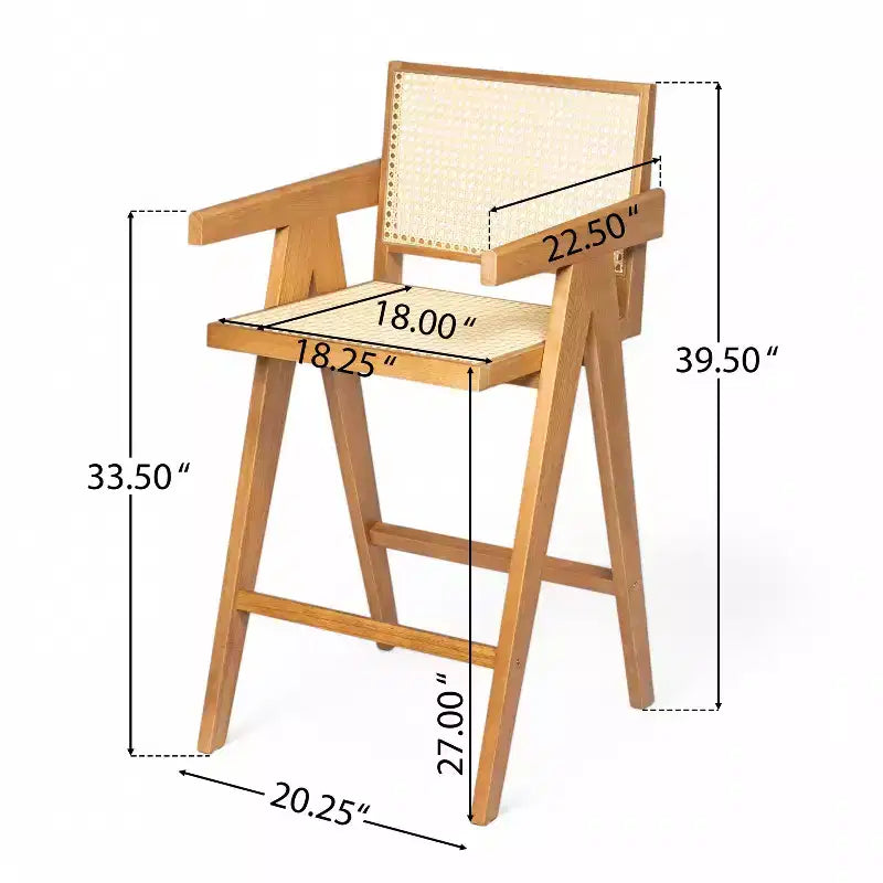 Lot de 2 tabourets de bar en bois massif à hauteur de comptoir pour salles à manger, fauteuils avec dossier en rotin pour îlot de cuisine, finition naturelle