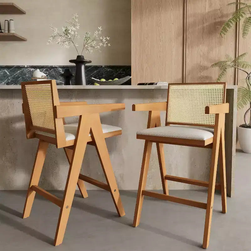 Lot de 2 tabourets de bar en bois massif à hauteur de comptoir pour salles à manger, fauteuils avec dossier en rotin pour îlot de cuisine, finition naturelle