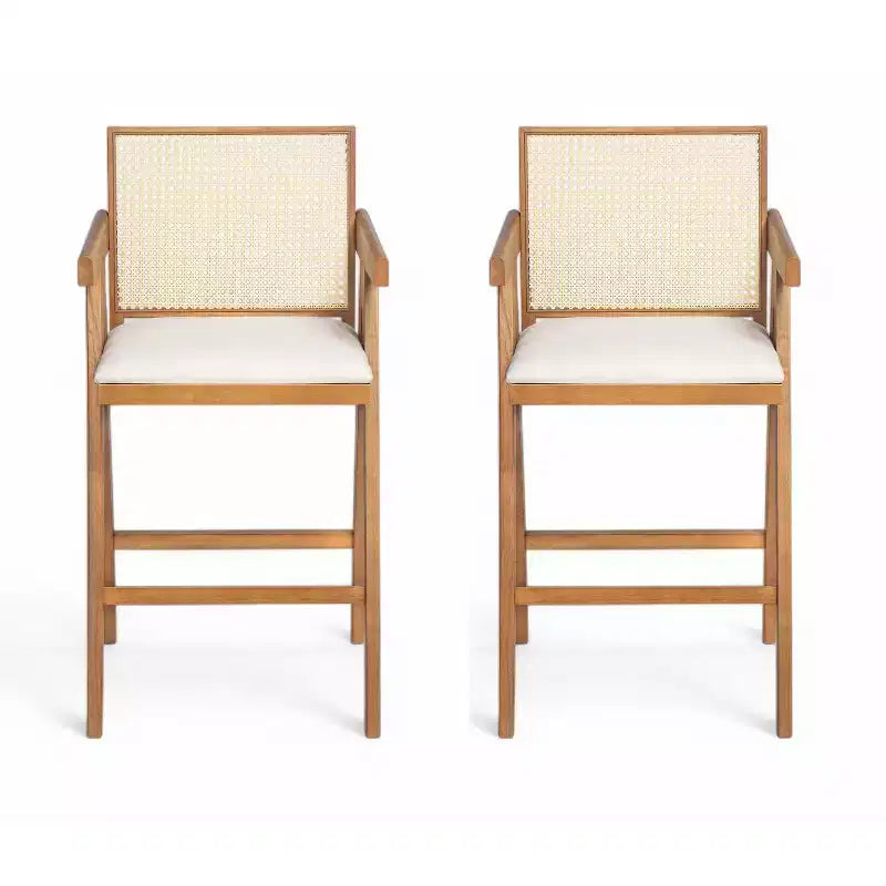 Lot de 2 tabourets de bar en bois massif à hauteur de comptoir pour salles à manger, fauteuils avec dossier en rotin pour îlot de cuisine, finition naturelle