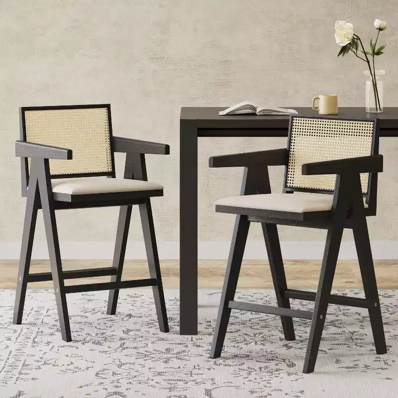 Lot de 2 tabourets de bar en bois massif à hauteur de comptoir pour salles à manger, fauteuils avec dossier en rotin pour îlot de cuisine, finition naturelle