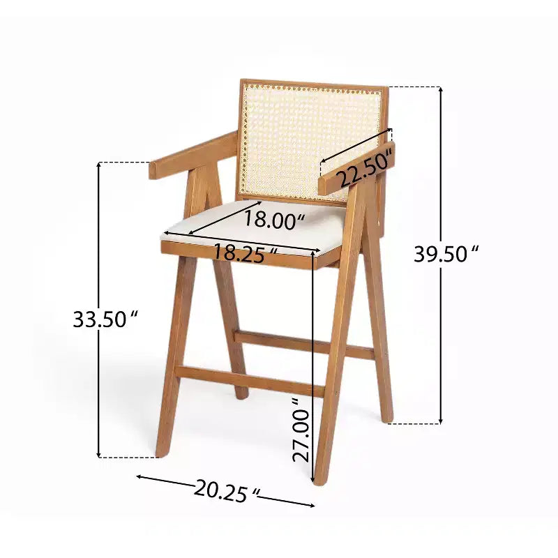 Lot de 2 tabourets de bar en bois massif à hauteur de comptoir pour salles à manger, fauteuils avec dossier en rotin pour îlot de cuisine, finition naturelle