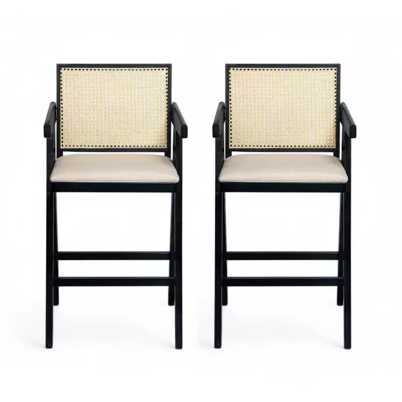 Lot de 2 tabourets de bar en bois massif à hauteur de comptoir pour salles à manger, fauteuils avec dossier en rotin pour îlot de cuisine, finition naturelle