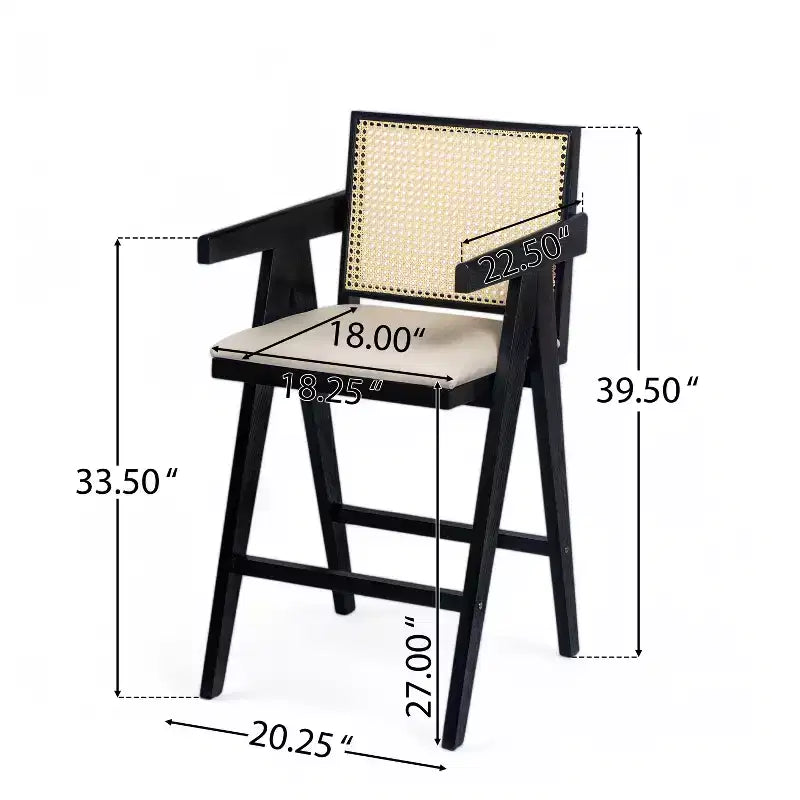 Lot de 2 tabourets de bar en bois massif à hauteur de comptoir pour salles à manger, fauteuils avec dossier en rotin pour îlot de cuisine, finition naturelle