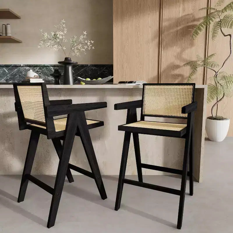 Lot de 2 tabourets de bar en bois massif à hauteur de comptoir pour salles à manger, fauteuils avec dossier en rotin pour îlot de cuisine, finition naturelle