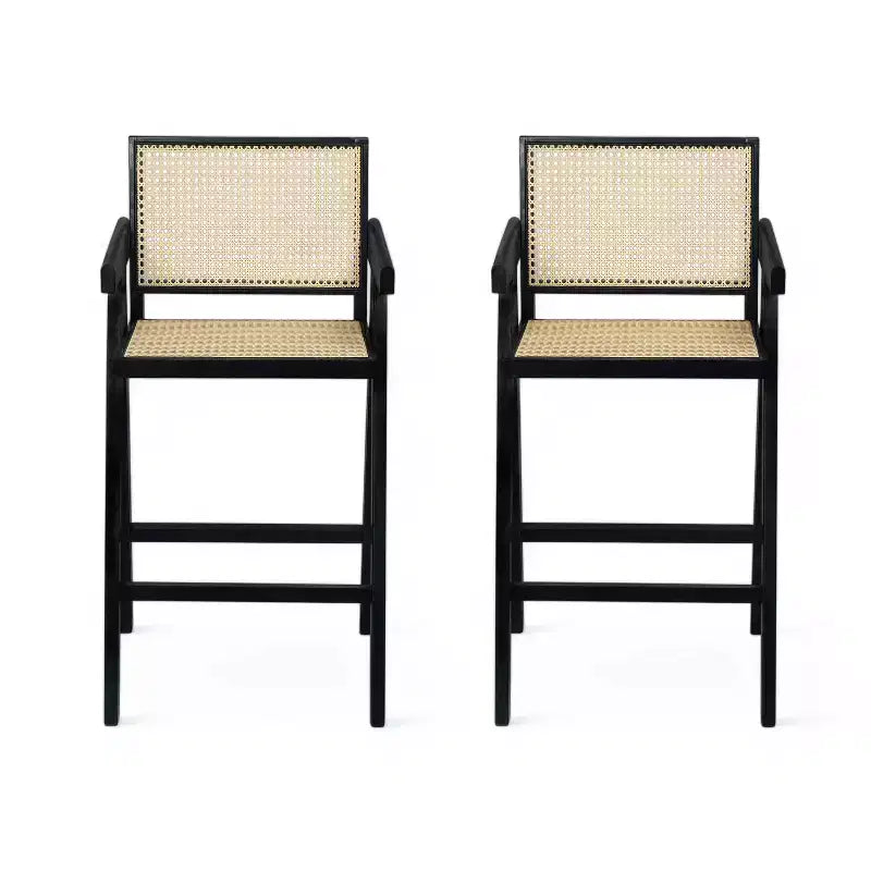 Lot de 2 tabourets de bar en bois massif à hauteur de comptoir pour salles à manger, fauteuils avec dossier en rotin pour îlot de cuisine, finition naturelle