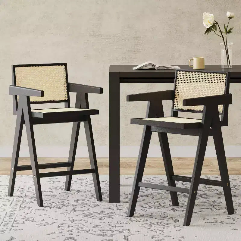 Lot de 2 tabourets de bar en bois massif à hauteur de comptoir pour salles à manger, fauteuils avec dossier en rotin pour îlot de cuisine, finition naturelle