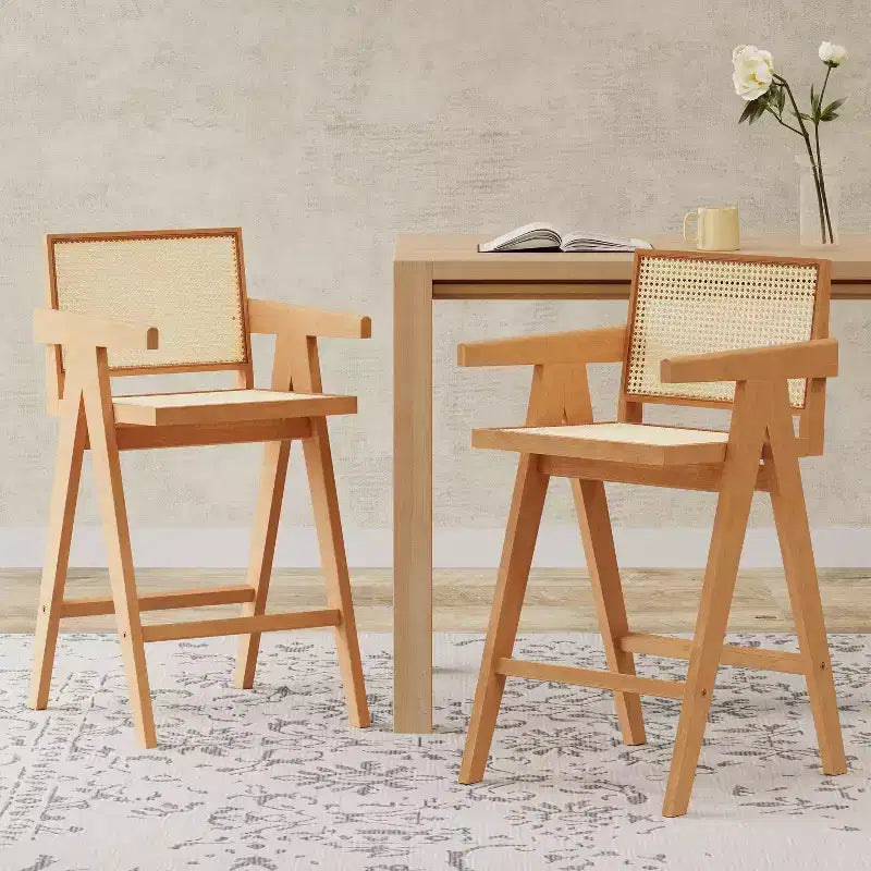 Lot de 2 tabourets de bar en bois massif à hauteur de comptoir pour salles à manger, fauteuils avec dossier en rotin pour îlot de cuisine, finition naturelle