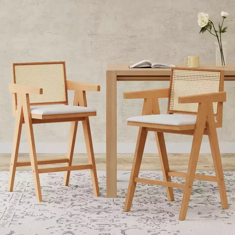 Lot de 2 tabourets de bar en bois massif à hauteur de comptoir pour salles à manger, fauteuils avec dossier en rotin pour îlot de cuisine, finition naturelle