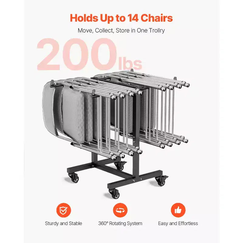 Support pour chaise pliante, capacité de 90 kg, chariot en T pour 14 chaises, chariot de rangement en métal robuste avec roues en caoutchouc, noir mat