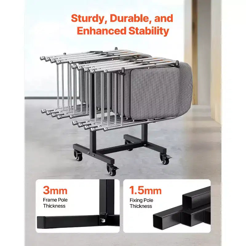 Support pour chaise pliante, capacité de 90 kg, chariot en T pour 14 chaises, chariot de rangement en métal robuste avec roues en caoutchouc, noir mat