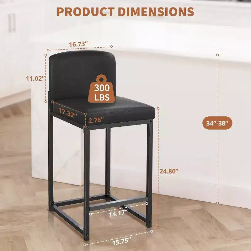 2 tabourets de bar modernes, chaises de comptoir rembourrées en similicuir hauteur 63 cm avec dossier et pieds antidérapants réglables pour îlot de cuisine