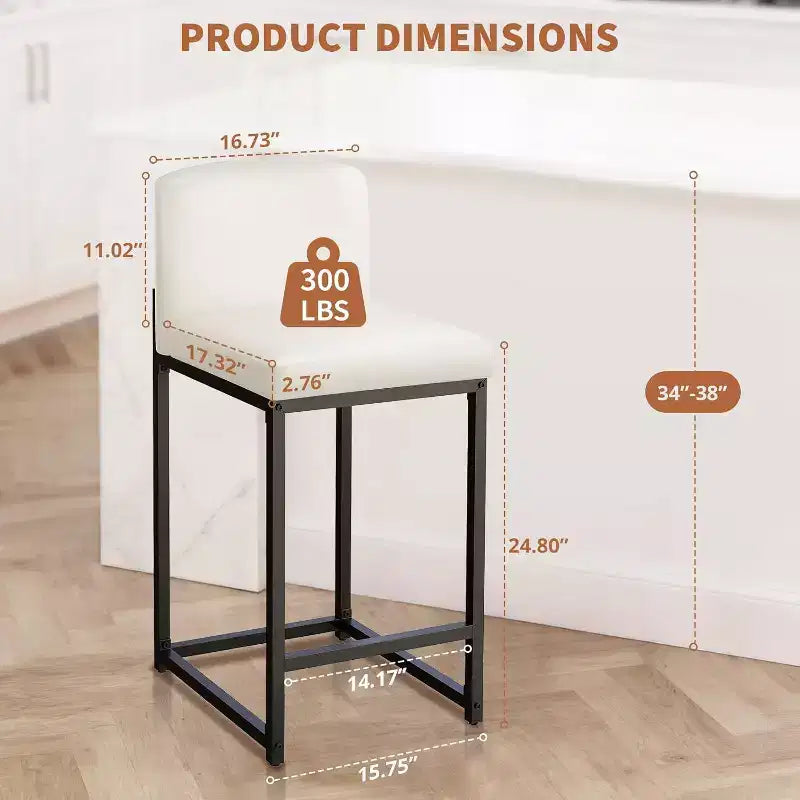 2 tabourets de bar modernes, chaises de comptoir rembourrées en similicuir hauteur 63 cm avec dossier et pieds antidérapants réglables pour îlot de cuisine