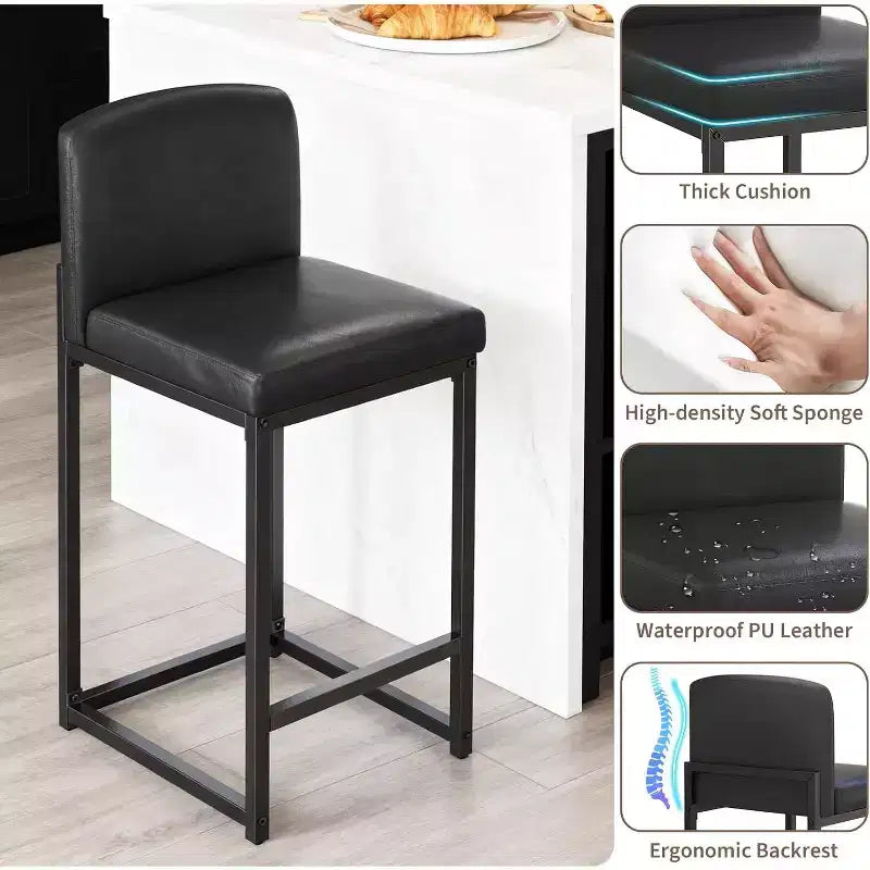 2 tabourets de bar modernes, chaises de comptoir rembourrées en similicuir hauteur 63 cm avec dossier et pieds antidérapants réglables pour îlot de cuisine