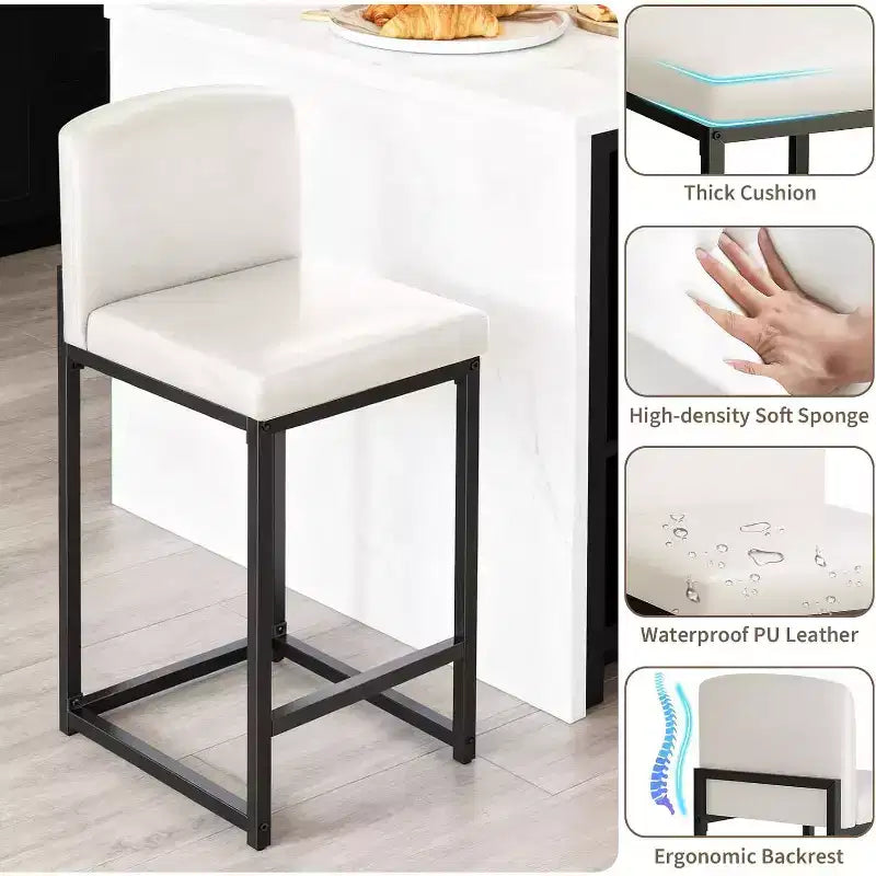 2 tabourets de bar modernes, chaises de comptoir rembourrées en similicuir hauteur 63 cm avec dossier et pieds antidérapants réglables pour îlot de cuisine