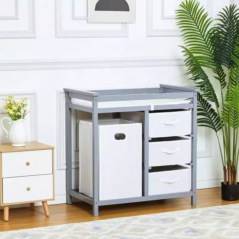 Table à langer et commode en bois avec 3 tiroirs, panier à linge et matelas à langer – Station de puériculture pour nouveau-nés et bébés