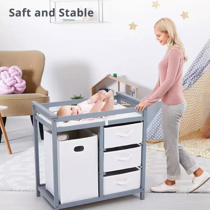 Table à langer et commode en bois avec 3 tiroirs, panier à linge et matelas à langer – Station de puériculture pour nouveau-nés et bébés