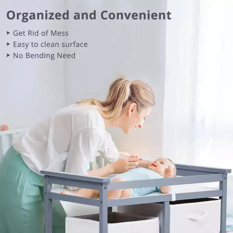 Table à langer et commode en bois avec 3 tiroirs, panier à linge et matelas à langer – Station de puériculture pour nouveau-nés et bébés