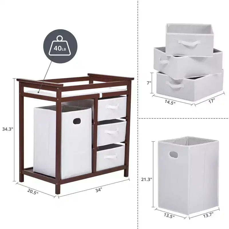 Table à langer et commode en bois avec 3 tiroirs, panier à linge et matelas à langer – Station de puériculture pour nouveau-nés et bébés
