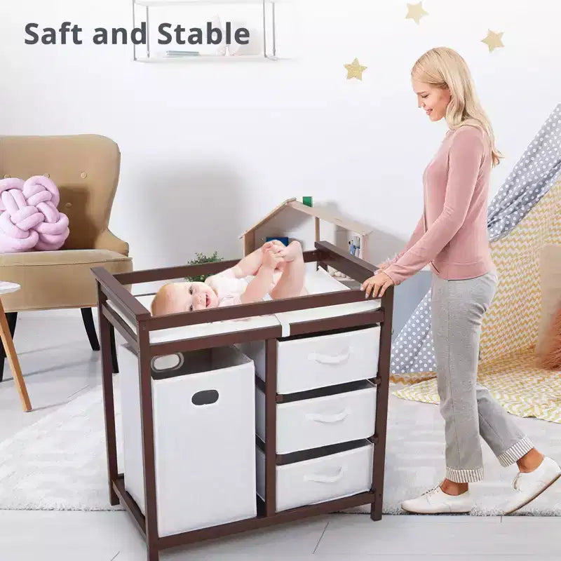 Table à langer et commode en bois avec 3 tiroirs, panier à linge et matelas à langer – Station de puériculture pour nouveau-nés et bébés