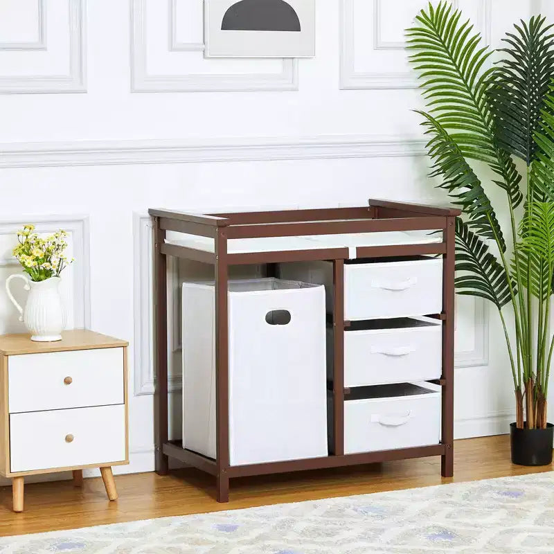Table à langer et commode en bois avec 3 tiroirs, panier à linge et matelas à langer – Station de puériculture pour nouveau-nés et bébés