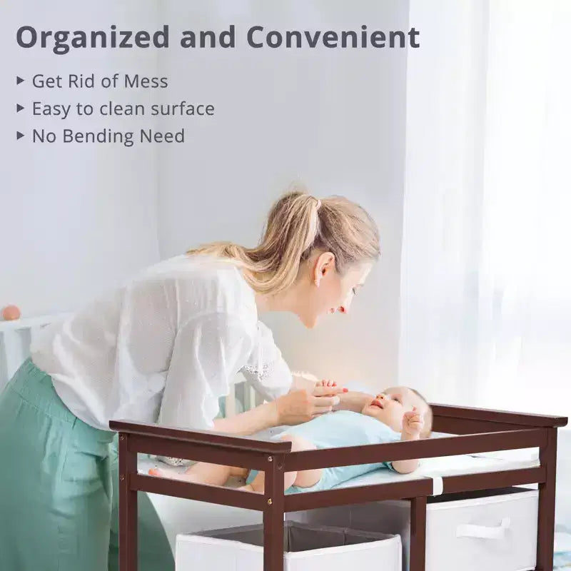Table à langer et commode en bois avec 3 tiroirs, panier à linge et matelas à langer – Station de puériculture pour nouveau-nés et bébés
