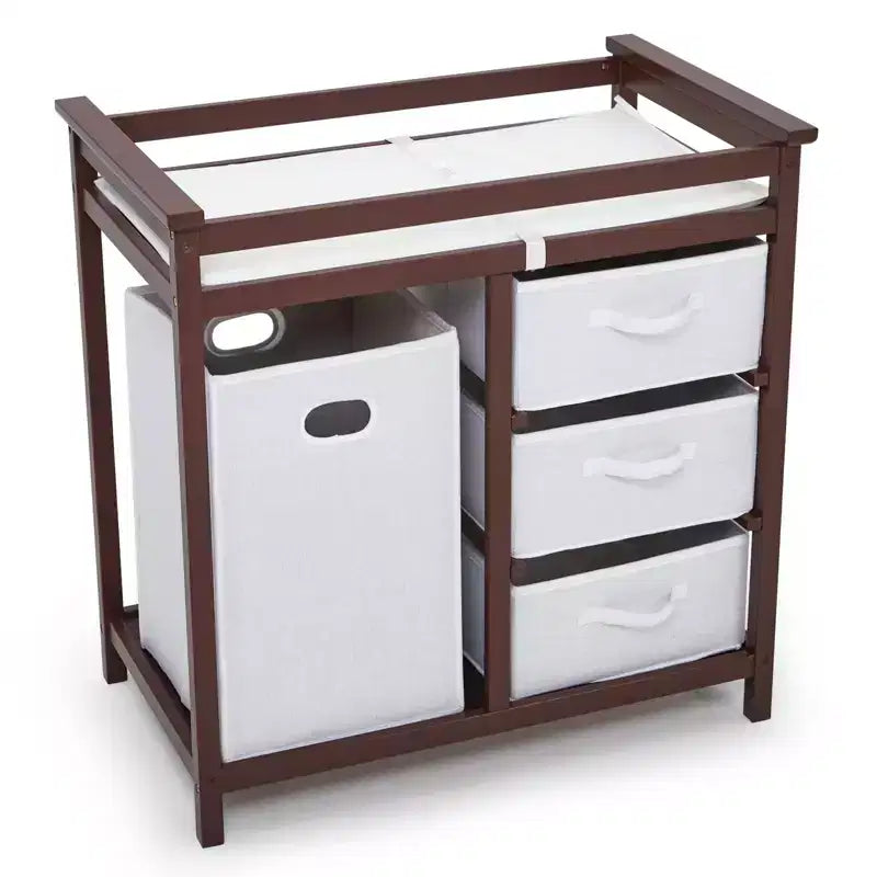 Table à langer et commode en bois avec 3 tiroirs, panier à linge et matelas à langer – Station de puériculture pour nouveau-nés et bébés