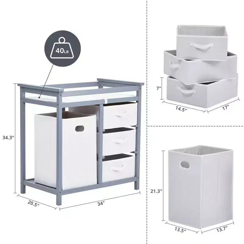 Table à langer et commode en bois avec 3 tiroirs, panier à linge et matelas à langer – Station de puériculture pour nouveau-nés et bébés