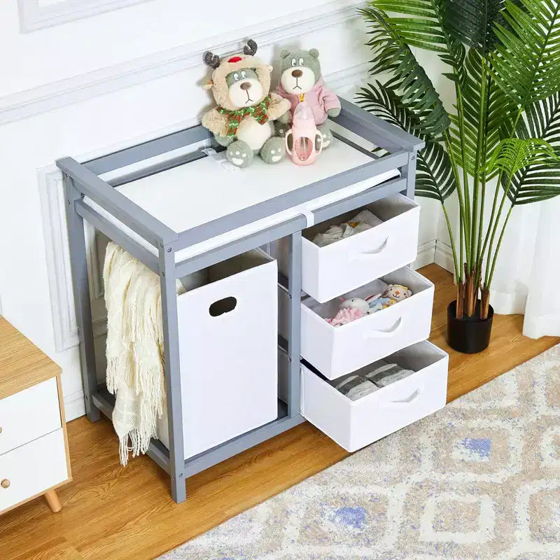 Table à langer et commode en bois avec 3 tiroirs, panier à linge et matelas à langer – Station de puériculture pour nouveau-nés et bébés